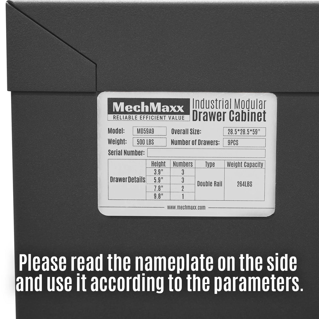 Heavy Duty Modular Drawer Cabinet - 9 Drawer, 59" H x 28.5" W x 28.5" D Tool Storage Organizer, Steel Construction