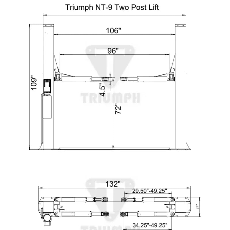 Triumph NT-9 9,000 lb Two-Post Floor Plate Lift, Low Ceiling