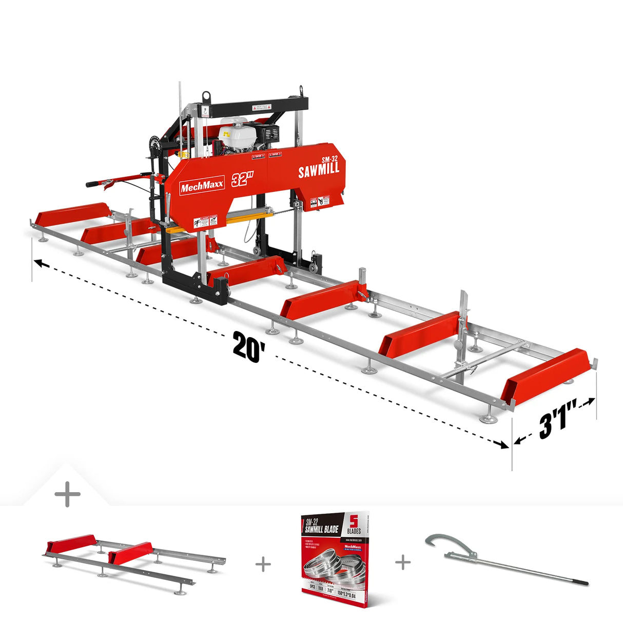 MechMaxx 32" Portable Sawmill (5 x Blades Included), HONDA GX390 389cc E-Start Gasoline Engine, 26.5" Board Width, 20' Track Length (13' Track Length + 6.4' Track Extension Included), SM-32