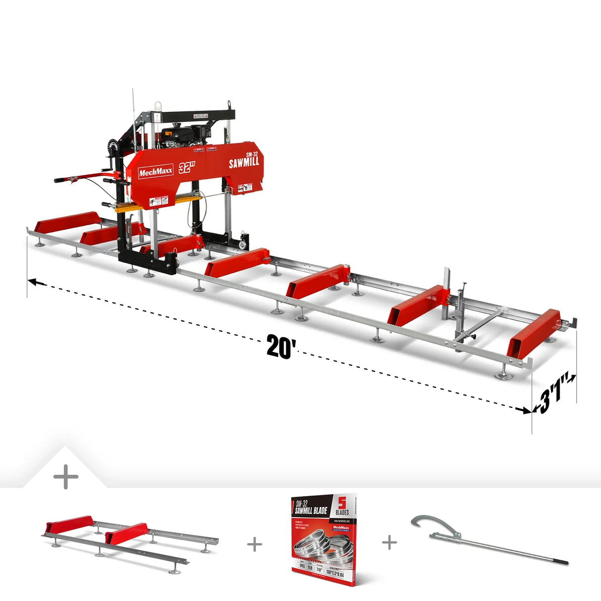 MechMaxx 32" Portable Sawmill (5 x Blades Included), KOHLER CH440 429cc E-Start Gasoline Engine, 26.5" Board Width, 20' Track Length (13' Track Length + 6.4' Track Extension Included), SM-32