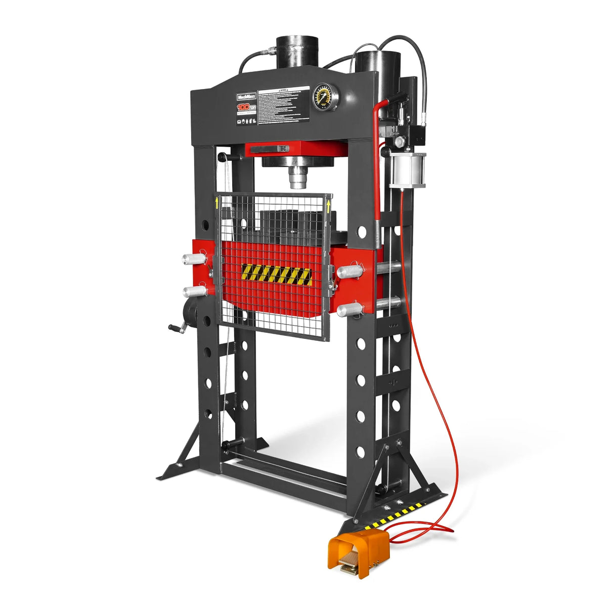 100 Ton H-Frame Air/Hydraulic Shop Press with Hand Winch, Fully Welded Steel Frame, Safety Guard, Foot Pedal Control, HSP100
