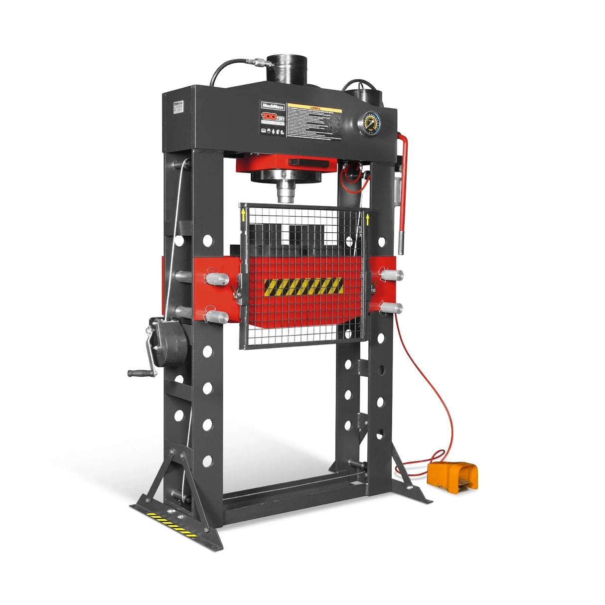 100 Ton H-Frame Air/Hydraulic Shop Press with Hand Winch, Fully Welded Steel Frame, Safety Guard, Foot Pedal Control, HSP100