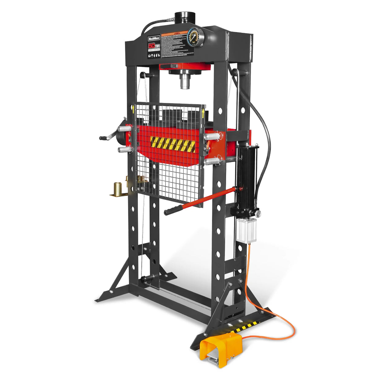 50 Ton H-Frame Air/Hydraulic Shop Press with Hand Winch & Press Pin Kit, Fully Welded Steel Frame, Safety Guard, Foot Pedal Control, HSP50