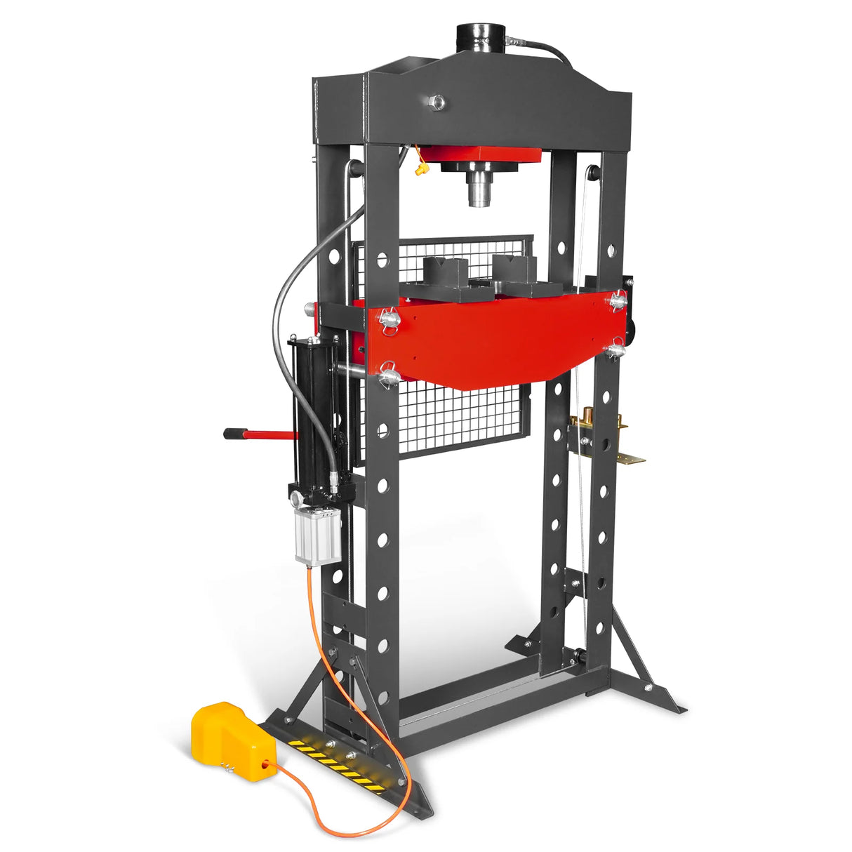 50 Ton H-Frame Air/Hydraulic Shop Press with Hand Winch & Press Pin Kit, Fully Welded Steel Frame, Safety Guard, Foot Pedal Control, HSP50