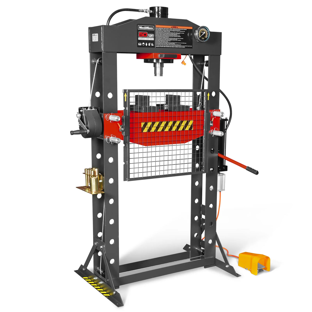 50 Ton H-Frame Air/Hydraulic Shop Press with Hand Winch & Press Pin Kit, Fully Welded Steel Frame, Safety Guard, Foot Pedal Control, HSP50