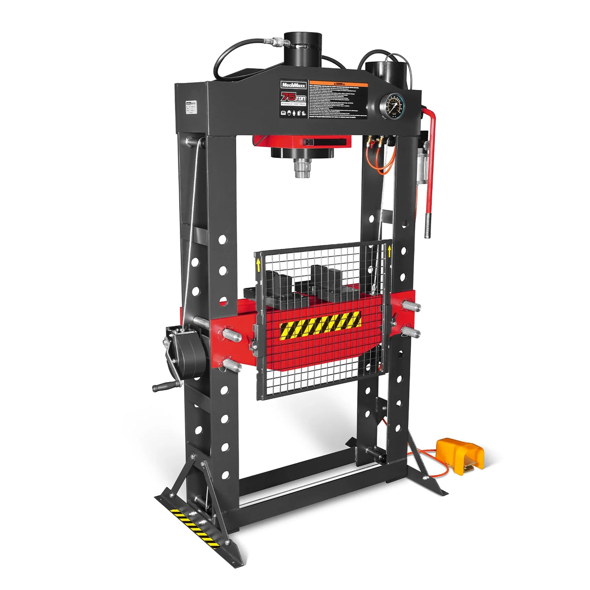 75 Ton H-Frame Air/Hydraulic Shop Press with Hand Winch, Fully Welded Steel Frame, Safety Guard, Foot Pedal Control, HSP75