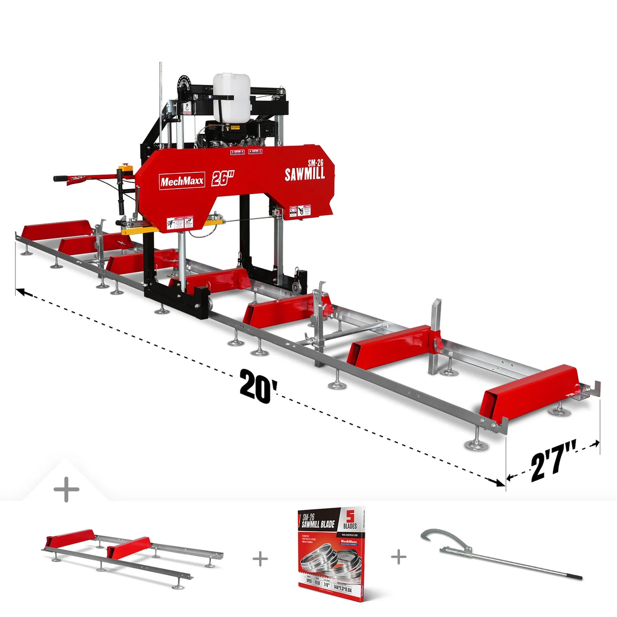 MechMaxx 26" Portable Sawmill (5x Blades Included), 459cc 15HP E-Start Gasoline Engine, 20" Board Width, 20' Track Length (13' Track Length + 6.4' Track Extension Included), SM-26