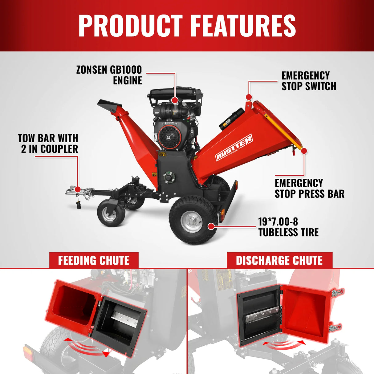 MechMaxx 8 inch ZONSEN E-Start 1000cc 35hp Gas Powered 4 - Wheel Drum Wood Chipper with Taillight , B200