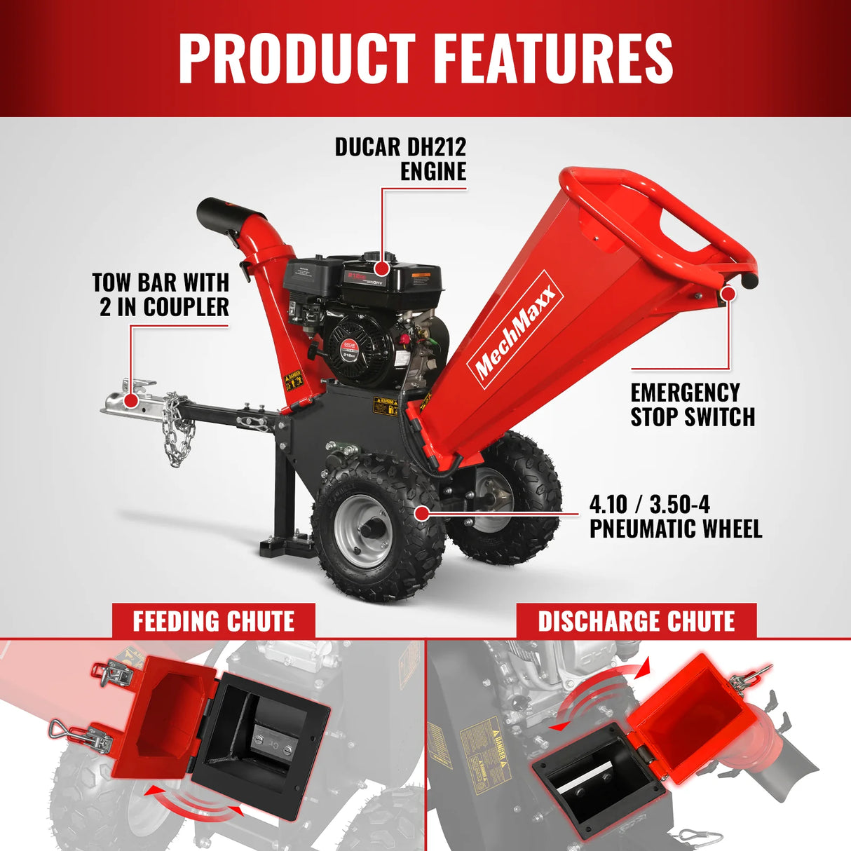 MechMaxx 4 inch DUCAR 212cc 7hp Gas Engine Powered Wood Chipper with Towbar, GS650