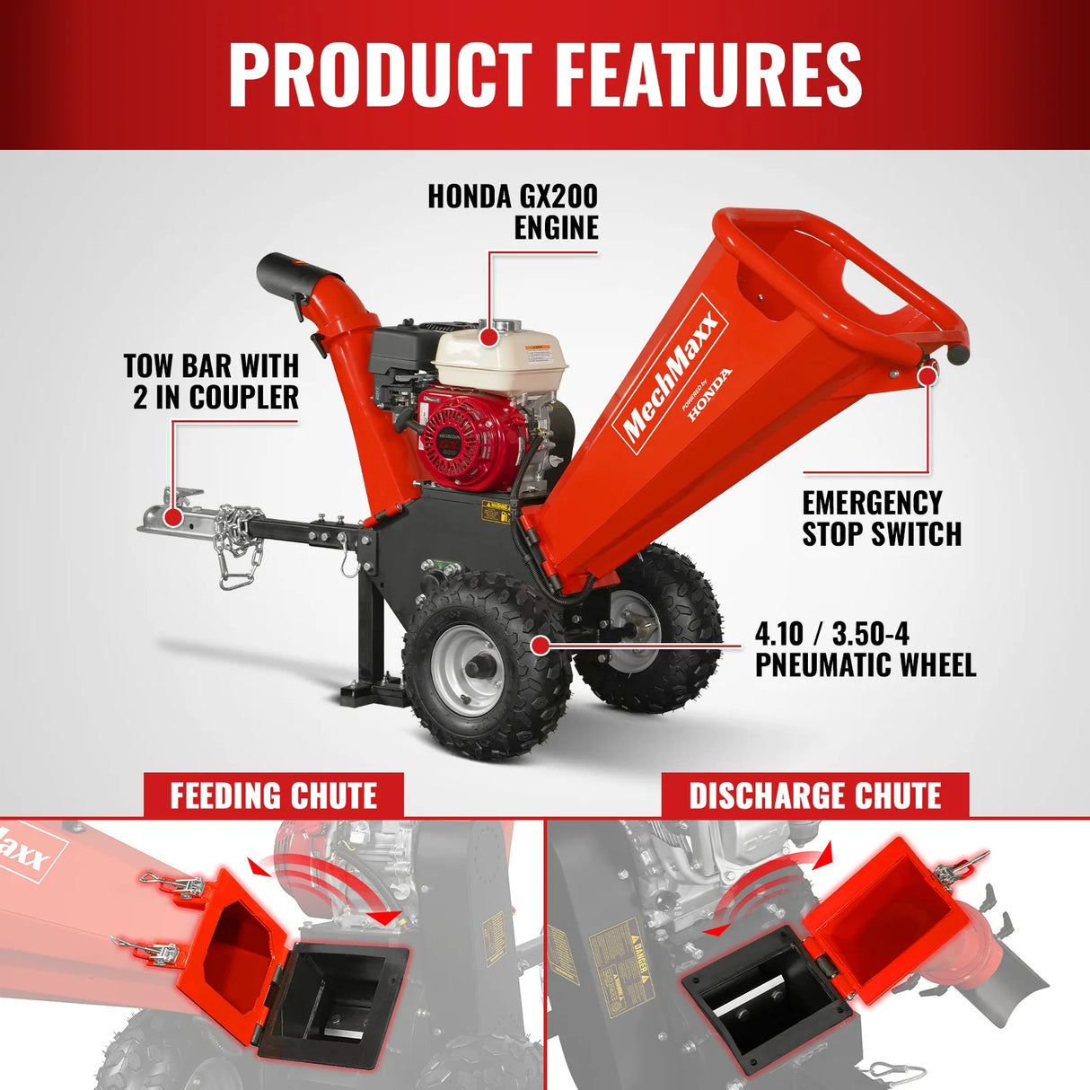 MechMaxx HONDA GX200 Gasoline Engine Powered 4 inch Wood Chipper, GS650