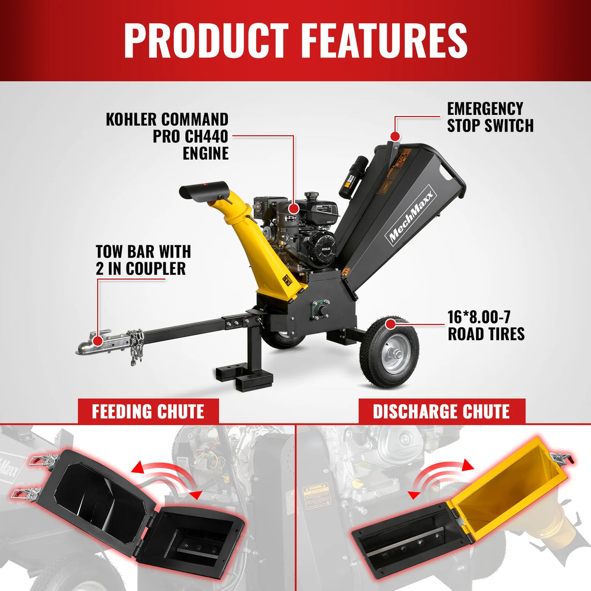 MechMaxx 5 inch E-start KOHLER 429cc Gasoline Engine Powered Wood Chipper, GS1500