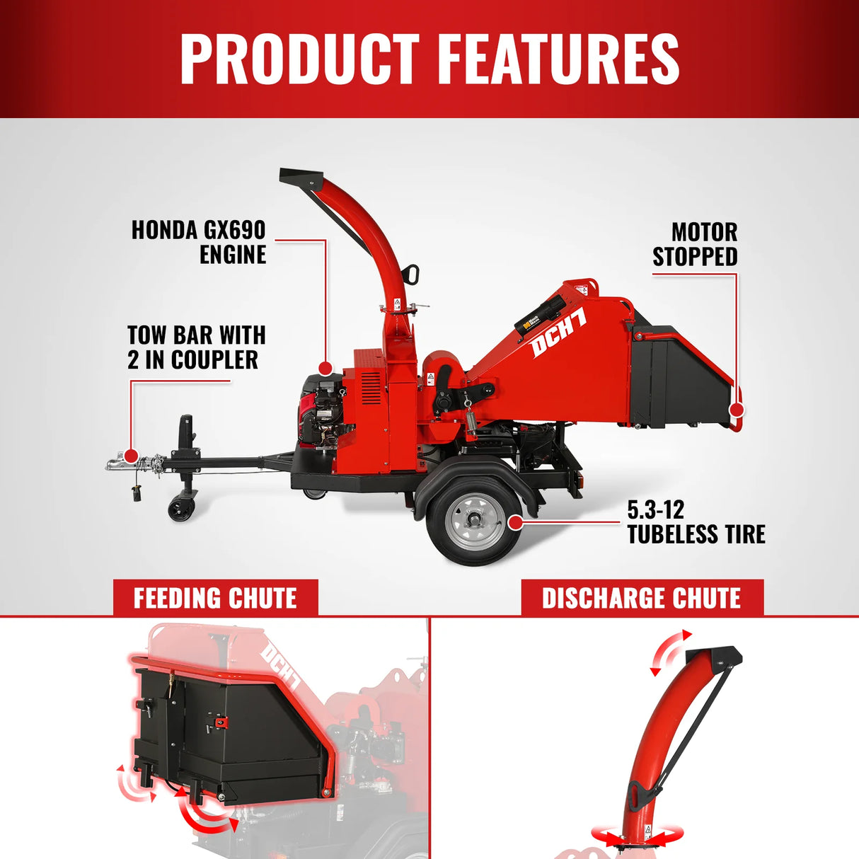 MechMaxx HONDA GX690 22HP 688cc Twin Cylinder Gasoline Engine Powered 7" Hydraulic Feeding Wood Chipper, DCH7