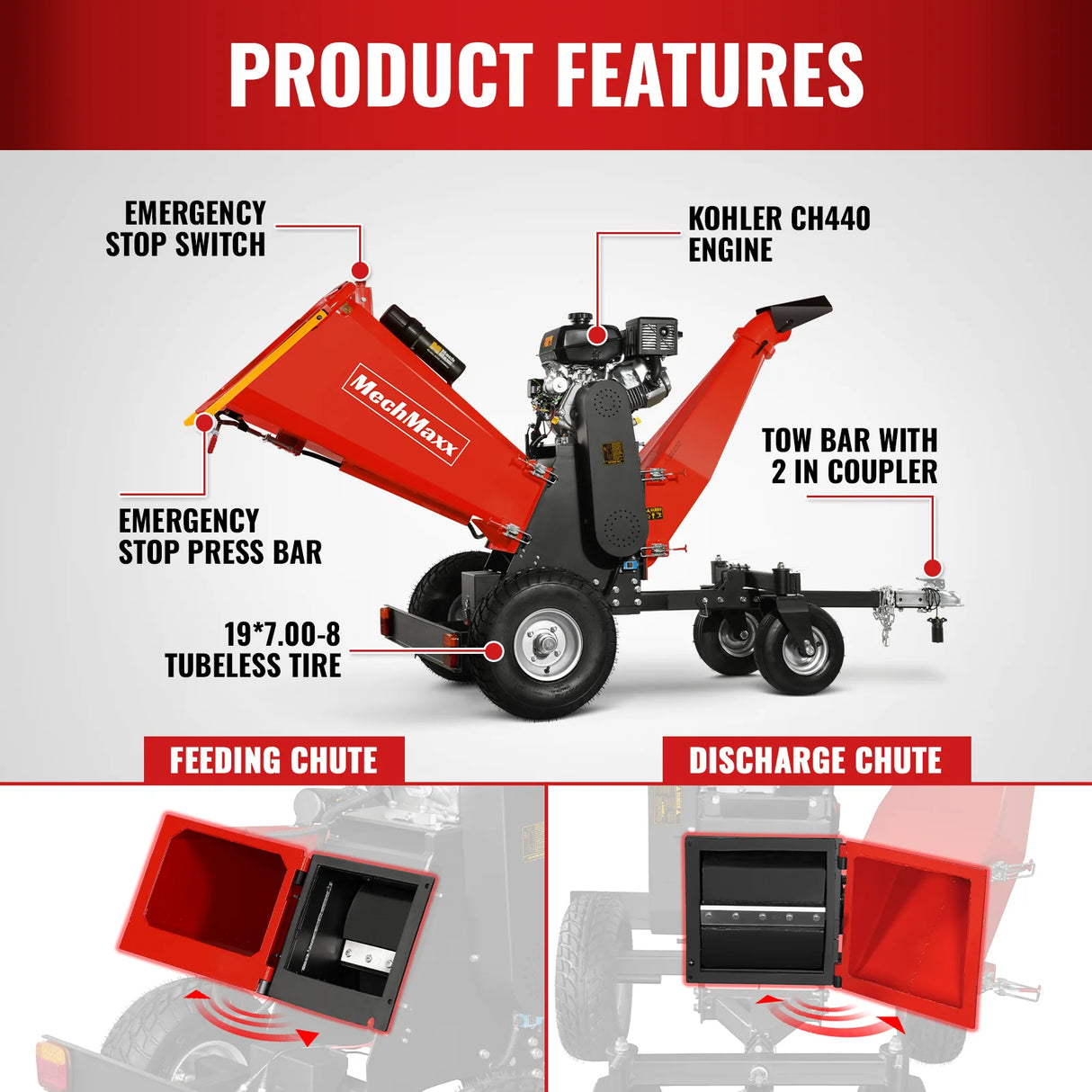 MechMaxx 6 inch KOHLER E-Start 429cc 14HP Gas Powered 4 - Wheel Drum Wood Chipper with Taillight , B150