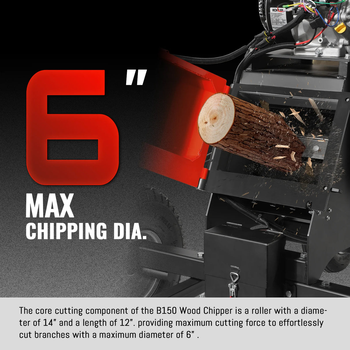 MechMaxx 6 inch KOHLER E-Start 429cc 14HP Gas Powered 4 - Wheel Drum Wood Chipper with Taillight , B150