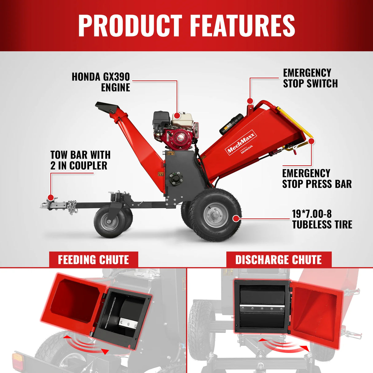 MechMaxx 6 inch HONDA E-Start Gasoline Engine Powered 4 - Wheel Drum Wood Chipper with Taillight , B150