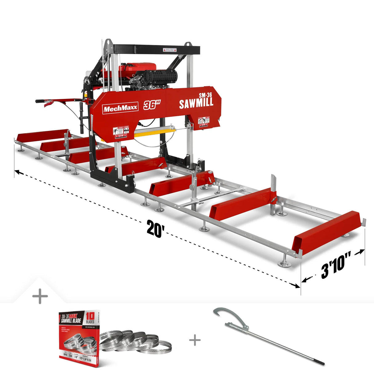 MechMaxx 36" MAX Portable Sawmill, 25HP 750cc ZONSEN V-Twin Engine, 36" Board Width, 20' Track Length, (10 x Blades Included), SM-36MAX