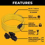 25' Heavy Duty L5-30P to (3) 5-20R Power Cord With Storage Strap