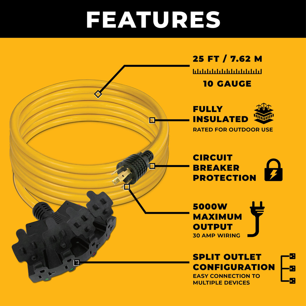 25ft  Heavy Duty L14-30P to (4) 5-20R Power Cord With Storage Strap