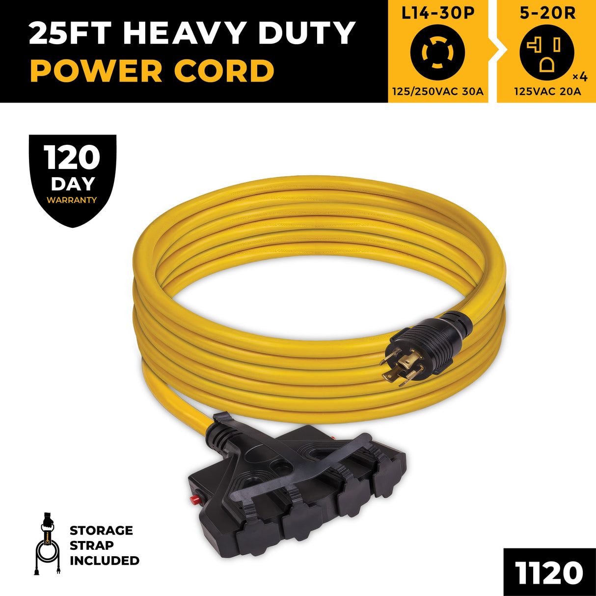 25ft  Heavy Duty L14-30P to (4) 5-20R Power Cord With Storage Strap