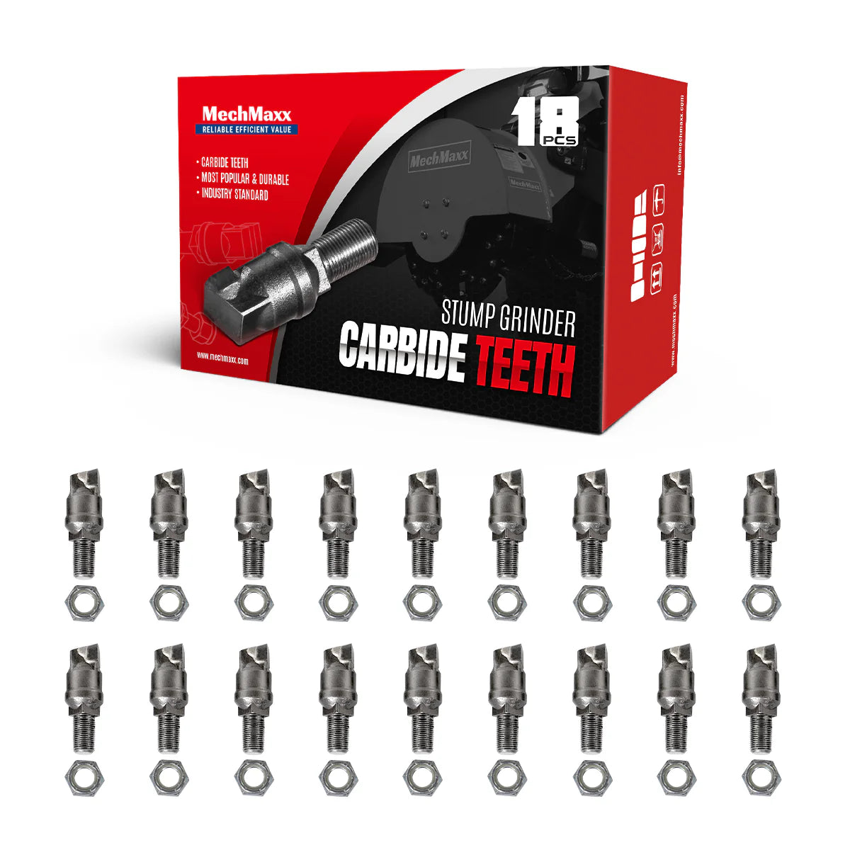 (1 Pack / 18 Pcs) Teeth and Nuts for Stump Grinder SG24; SG24PRO; SG28; SG30PRO; SG61, (SKU: 150151; 150151G; 150181; 150181G; 150182; 150182G; 150183; 150183G; 150501; 150602)