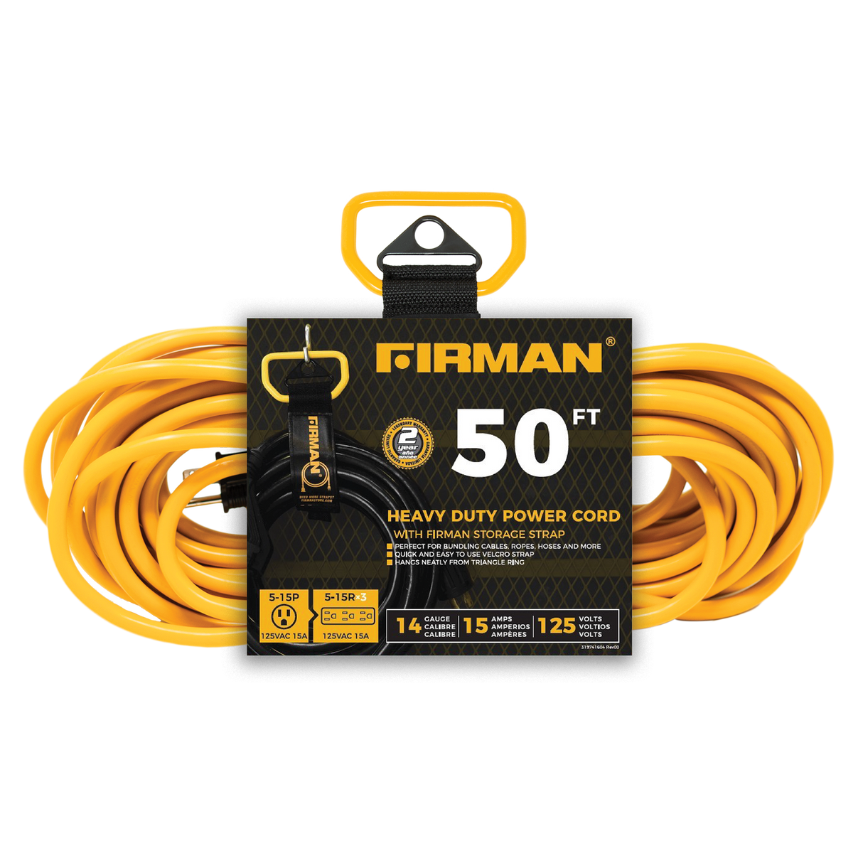 50ft Medium Duty 5-15P to (3) 5-15R Generator Utility Power Cord With Storage Strap