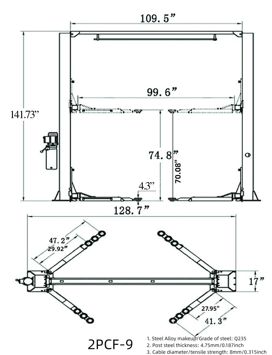Olympic Equipment 9,000 lb Symmetric Clearfloor 2-Post Car Lift 2PCF-9