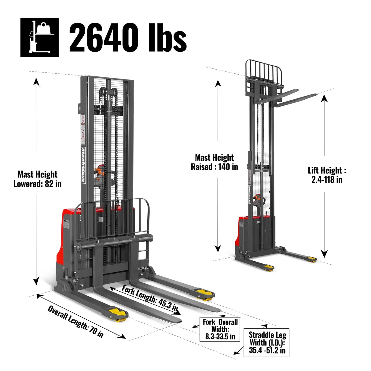 2640lbs Electric Straddle Stacker,  118" Lift,  Adjustable Legs & Forks,  F26-118SLA