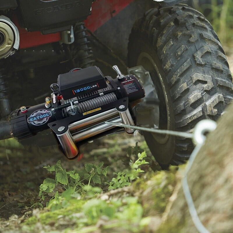 Katool W130 electric winch side view showing drum and synthetic rope