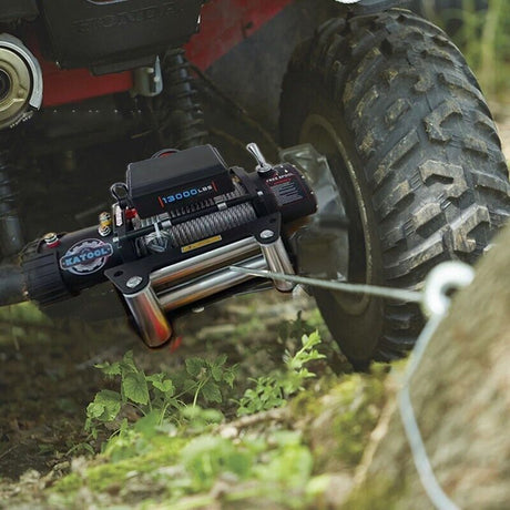 Katool W130 electric winch side view showing drum and synthetic rope