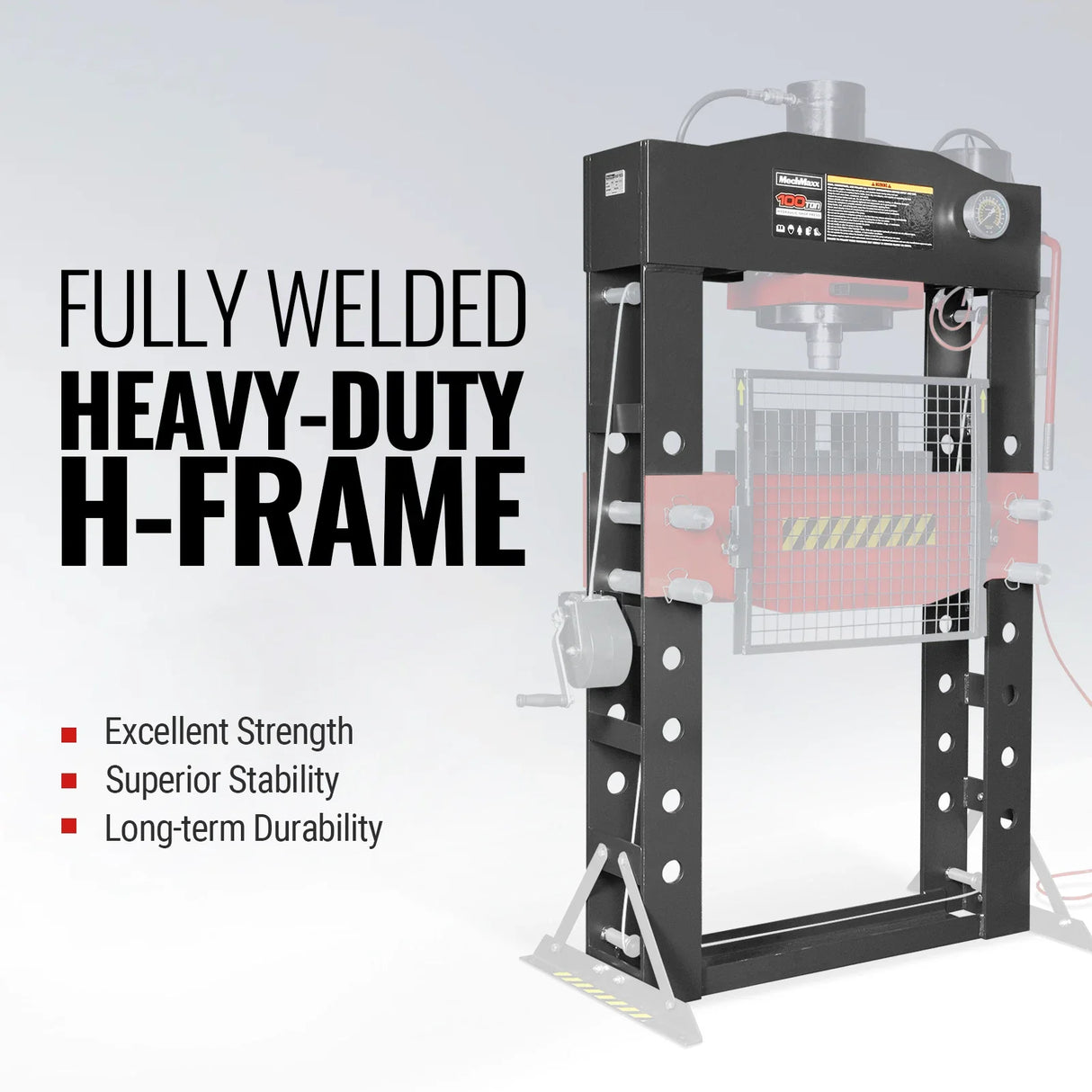 100 Ton H-Frame Air/Hydraulic Shop Press with Hand Winch,  Fully Welded Steel Frame,  Safety Guard,  Foot Pedal Control,  HSP100