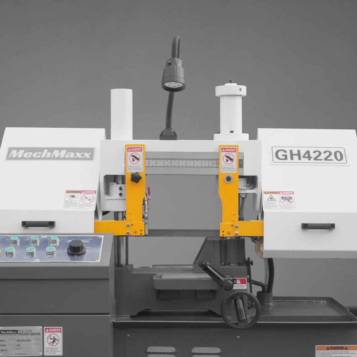 MechMaxx 8 Inch 7-7/8" x 7-7/8" Capacity Double Column Horizontal Metal Cutting Band Saw, Vertical Lifting, Gearbox Driven Two-Speed Motor, Hydraulic Feed, Manual Clamping, Coolant System Industrial Bandsaw GH4220