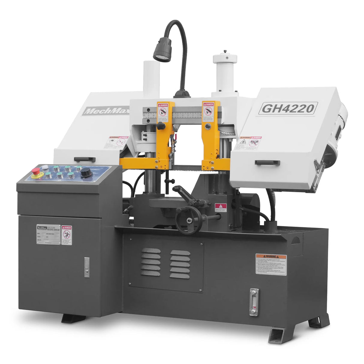 MechMaxx 8 Inch 7-7/8" x 7-7/8" Capacity Double Column Horizontal Metal Cutting Band Saw, Vertical Lifting, Gearbox Driven Two-Speed Motor, Hydraulic Feed, Manual Clamping, Coolant System Industrial Bandsaw GH4220