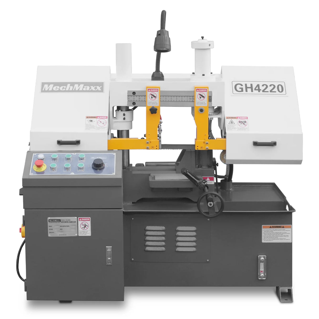 MechMaxx 8 Inch 7-7/8" x 7-7/8" Capacity Double Column Horizontal Metal Cutting Band Saw, Vertical Lifting, Gearbox Driven Two-Speed Motor, Hydraulic Feed, Manual Clamping, Coolant System Industrial Bandsaw GH4220