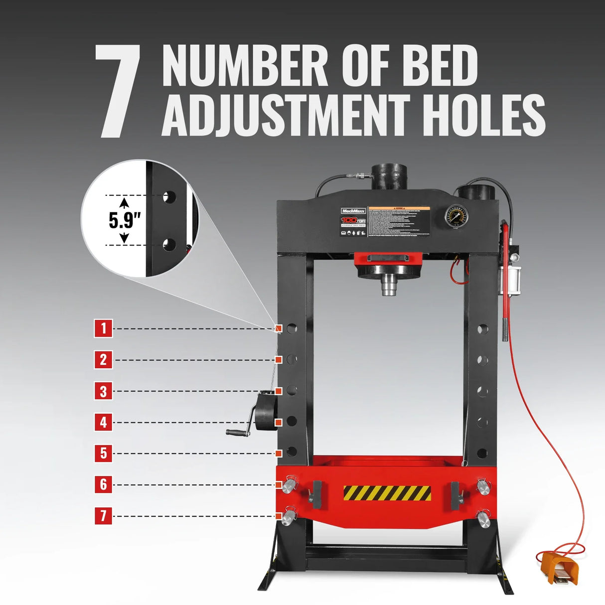 100 Ton H-Frame Air/Hydraulic Shop Press with Hand Winch,  Fully Welded Steel Frame,  Safety Guard,  Foot Pedal Control,  HSP100