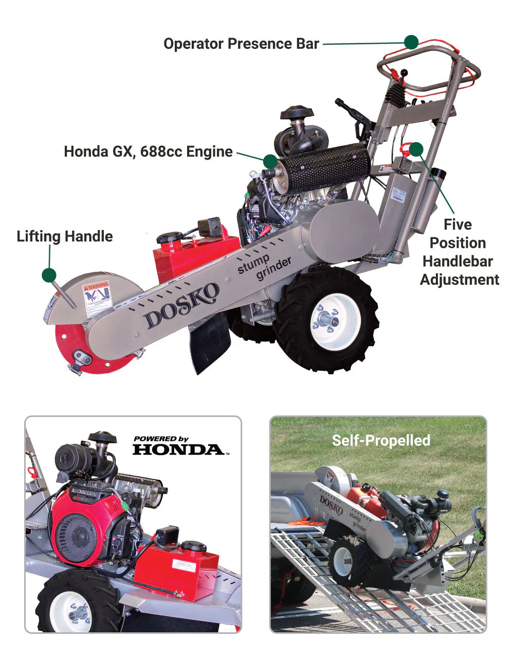 Dosko Self-Propelled Stump Grinder – Honda GX630, Electric Start, Greenteeth - 691SP-20HE
