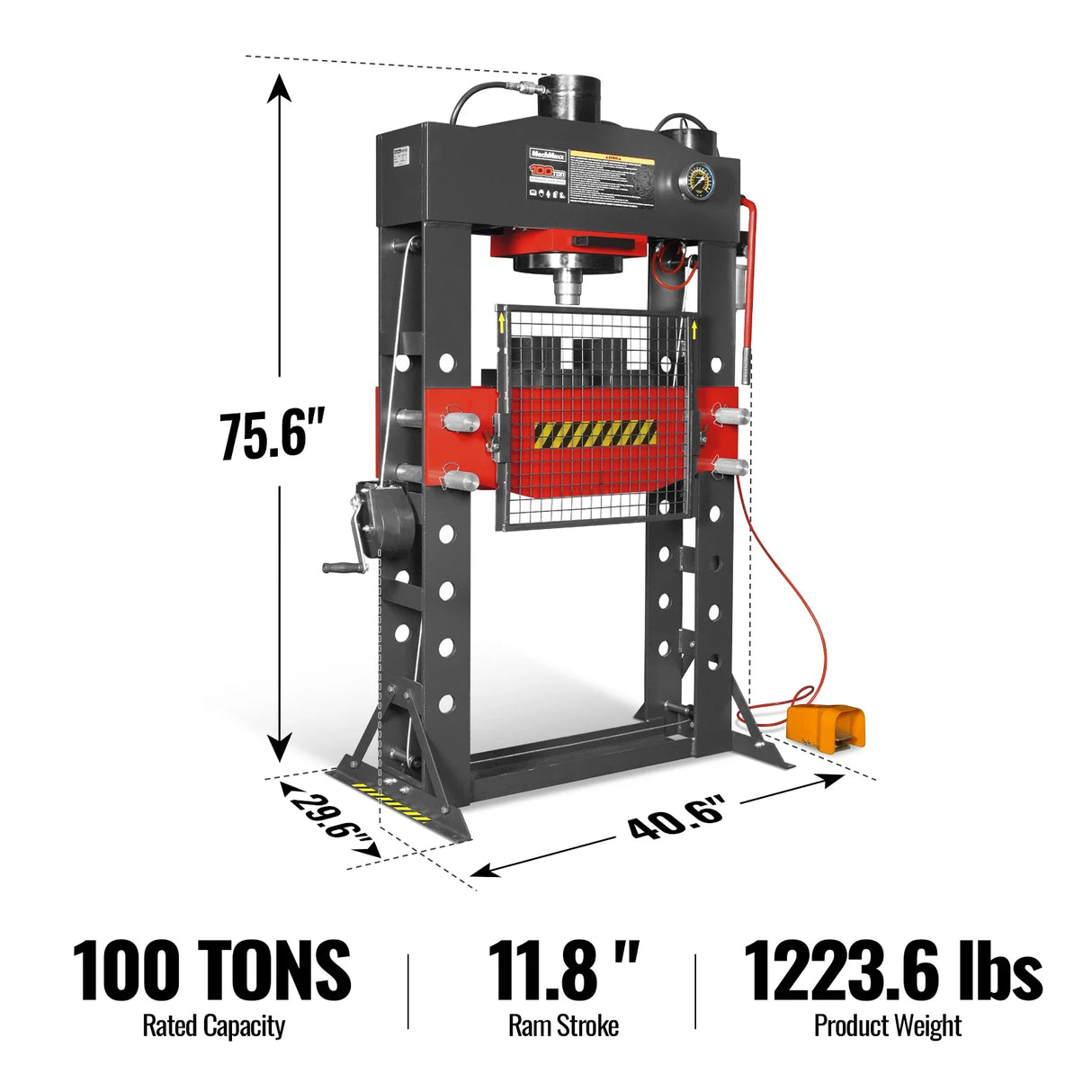 100 Ton H-Frame Air/Hydraulic Shop Press with Hand Winch,  Fully Welded Steel Frame,  Safety Guard,  Foot Pedal Control,  HSP100