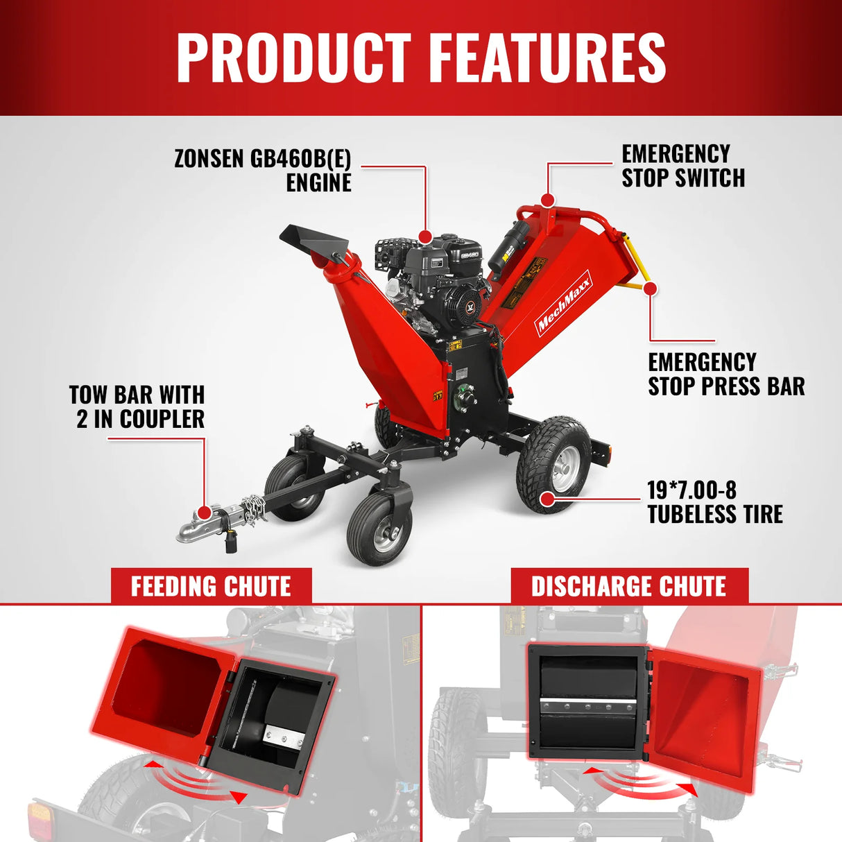 MechMaxx 6 inch ZONSEN E-Start 459cc 15hp Gas Powered 4 - Wheel Drum Wood Chipper with Taillight ,  B150