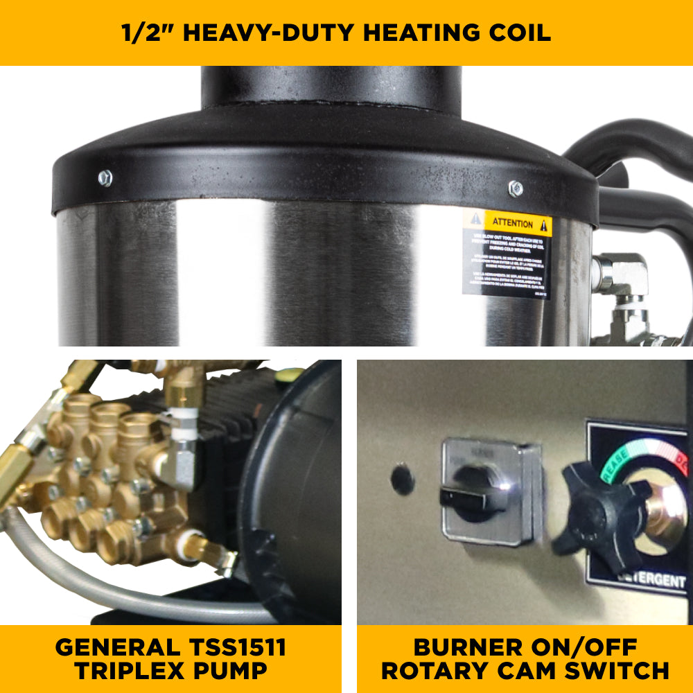 2,300 PSI 4.0 GPM Hot Water Electric Pressure Washer with 6.0 HP Baldor Motor and General Triplex Pump- 64HD