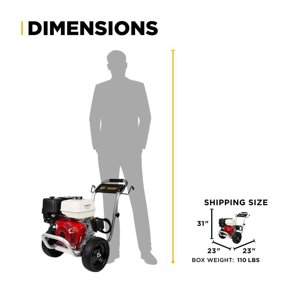 3,100 PSI 3.1GPM Cold Water Gas Pressure Washer Honda GX200 and General Triplex Pump on Aluminum Frame - B3165HAGS