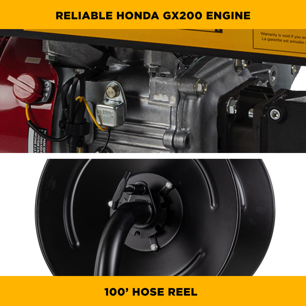3,100 PSI 3.1 GPM Cold Water Gas Pressure Washer with Honda GX200 Engine and CP Triplex Pump on Roll Cage Frame with Hose Reel - B3165HRAS