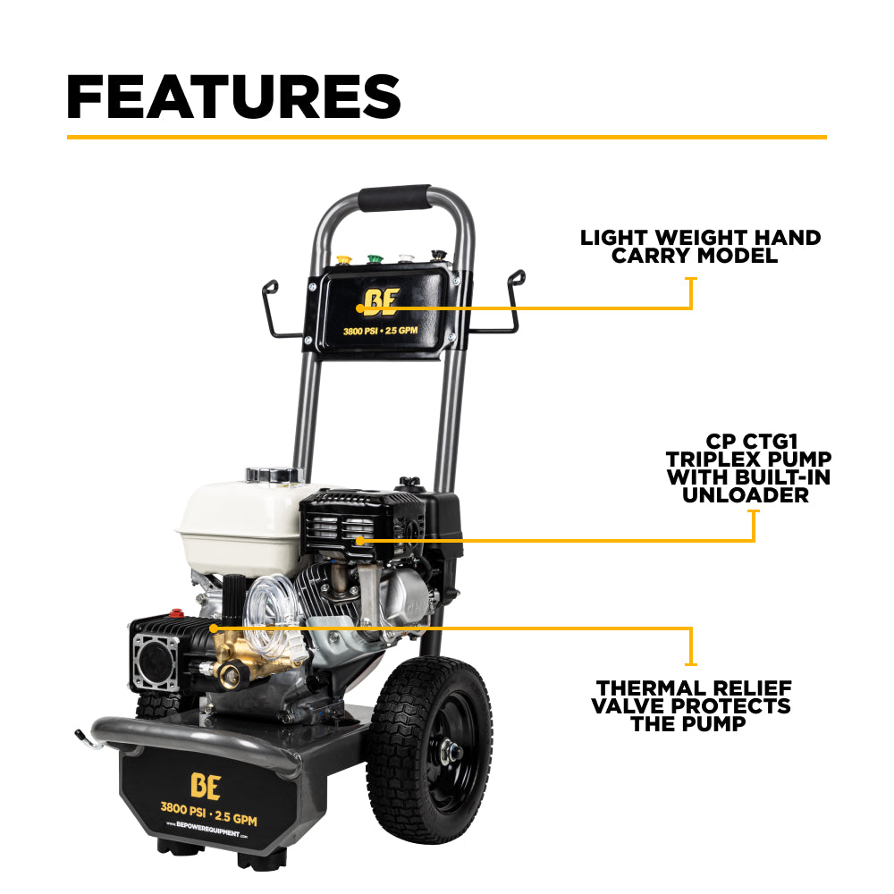 3,800 PSI 2.5 GPM Cold Water Gas Pressure Washer with Honda GX200 Engine and CP Triplex Pump - B3865HA