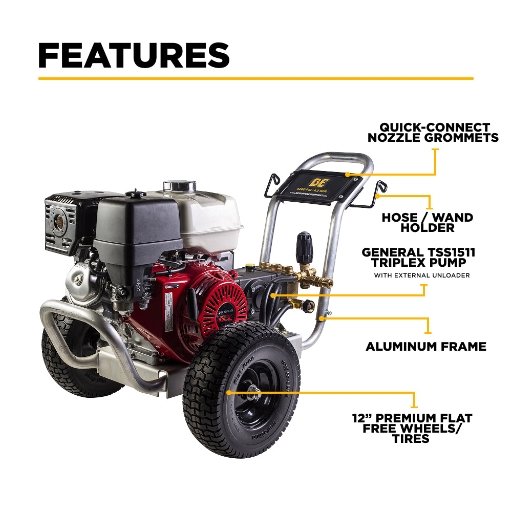 4,200 PSI 4.2 GPM Cold Water Gas Pressure Washer with Honda GX390 Engine and General Belt Drive Triplex Pump on Aluminum Frame - B4213HABGS