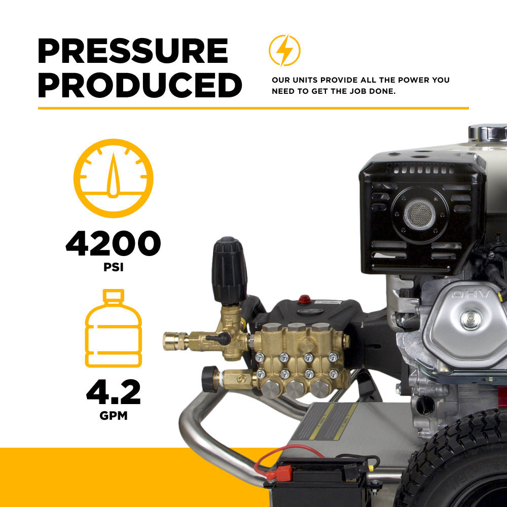 4,200 PSI 4.2 GPM Cold Water Gas Pressure Washer with Honda GX390 Electric Start Engine and CP Triplex Pump on Stainless Steel Frame - B4213HESAS