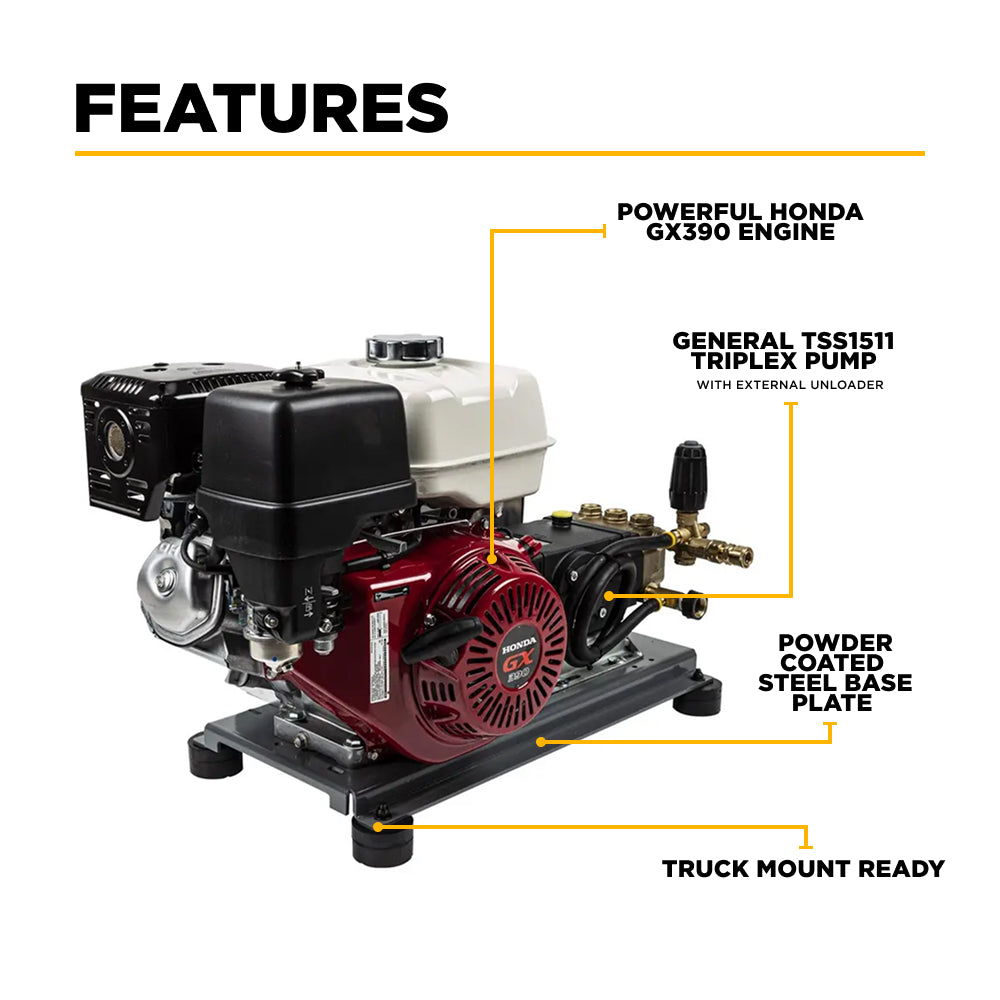 4,200 PSI 4.2 GPM Truck Mount Cold Water Gas Pressure Washer with Honda GX390 Engine and General Belt Drive Triplex Pump - B4213HTBGS