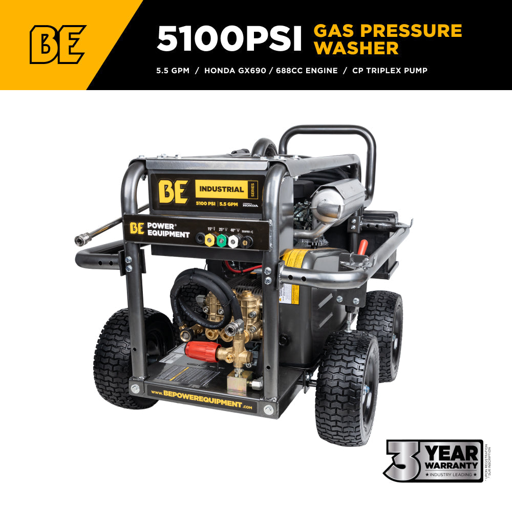 5,100 PSI 5.5 GPM Cold Water Gas Pressure Washer with Honda GX690 Electric Start Engine and CP Belt Drive Triplex Pump on Roll Cage Frame - B5024HEBAS