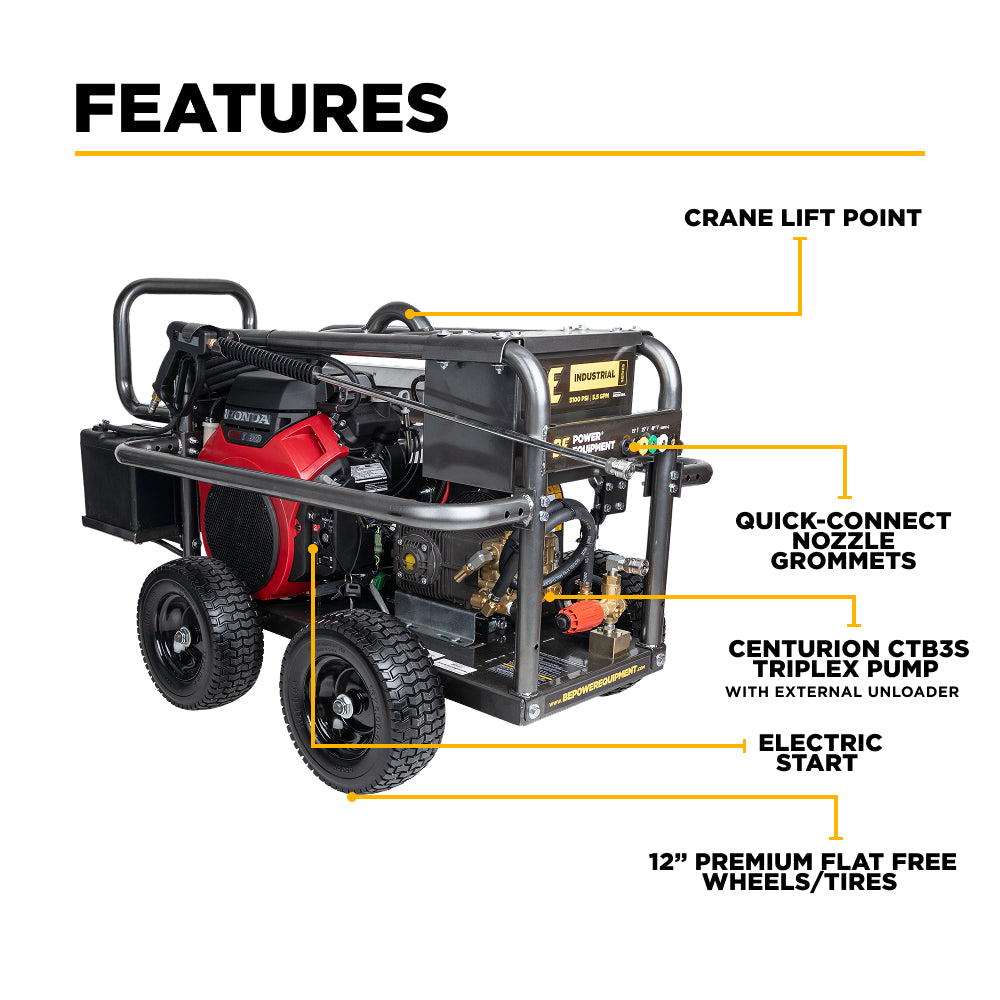 5,100 PSI 5.5 GPM Cold Water Gas Pressure Washer with Honda GX690 Electric Start Engine and CP Belt Drive Triplex Pump on Roll Cage Frame - B5024HEBAS