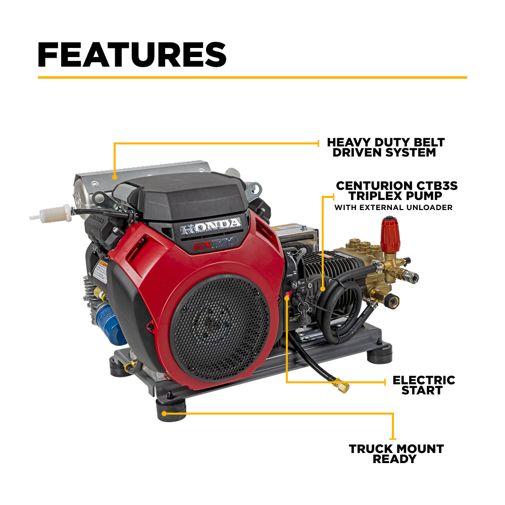 5,100 PSI 5.5 GPM Truck Mount Cold Water Gas Pressure Washer with Honda GX690 Electric Start Engine and CP Belt Drive Triplex Pump - B5024HETBAS