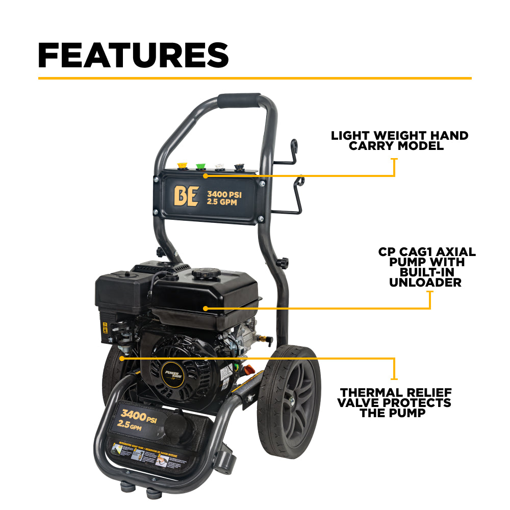 3,400PSI 2.5GPM Cold Water Gas Pressure Washer Powerease 223cc Engine and CP Axial Pump - BE3475PX