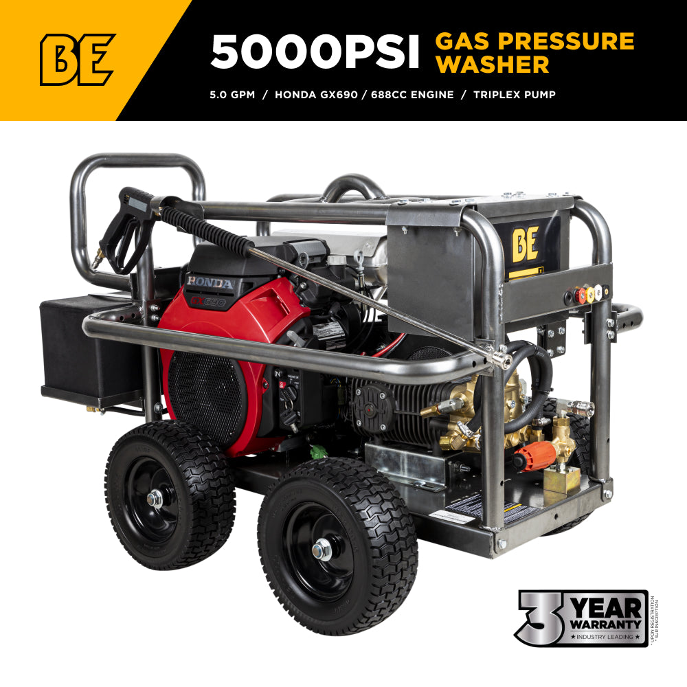5,000 PSI 5.0 GPM Cold Water Gas Pressure Washer with Honda GX690 Engine and Comet Belt Drive Triplex Pump on Roll Cage Frame - PE-5024HWEBCOM