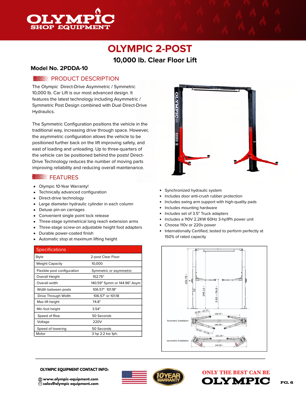 Olympic Equipment 10,000 lb Direct-Drive Asymmetric 2-Post Car Lift 2PDDA-10